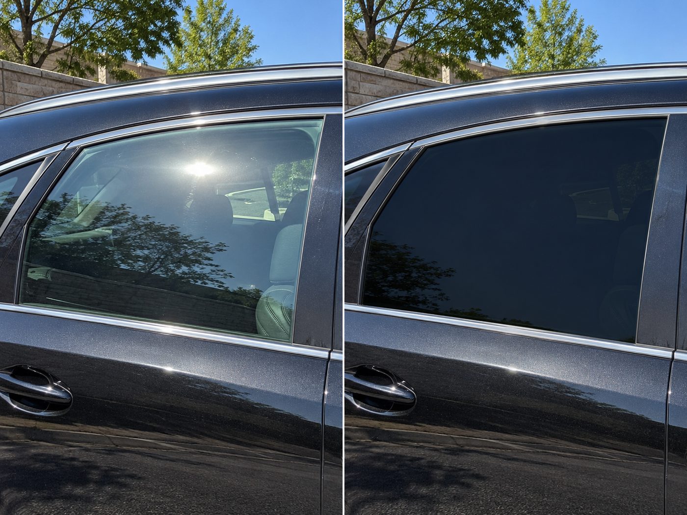 Before and after comparison of a car window without tint and with dark window tint applied