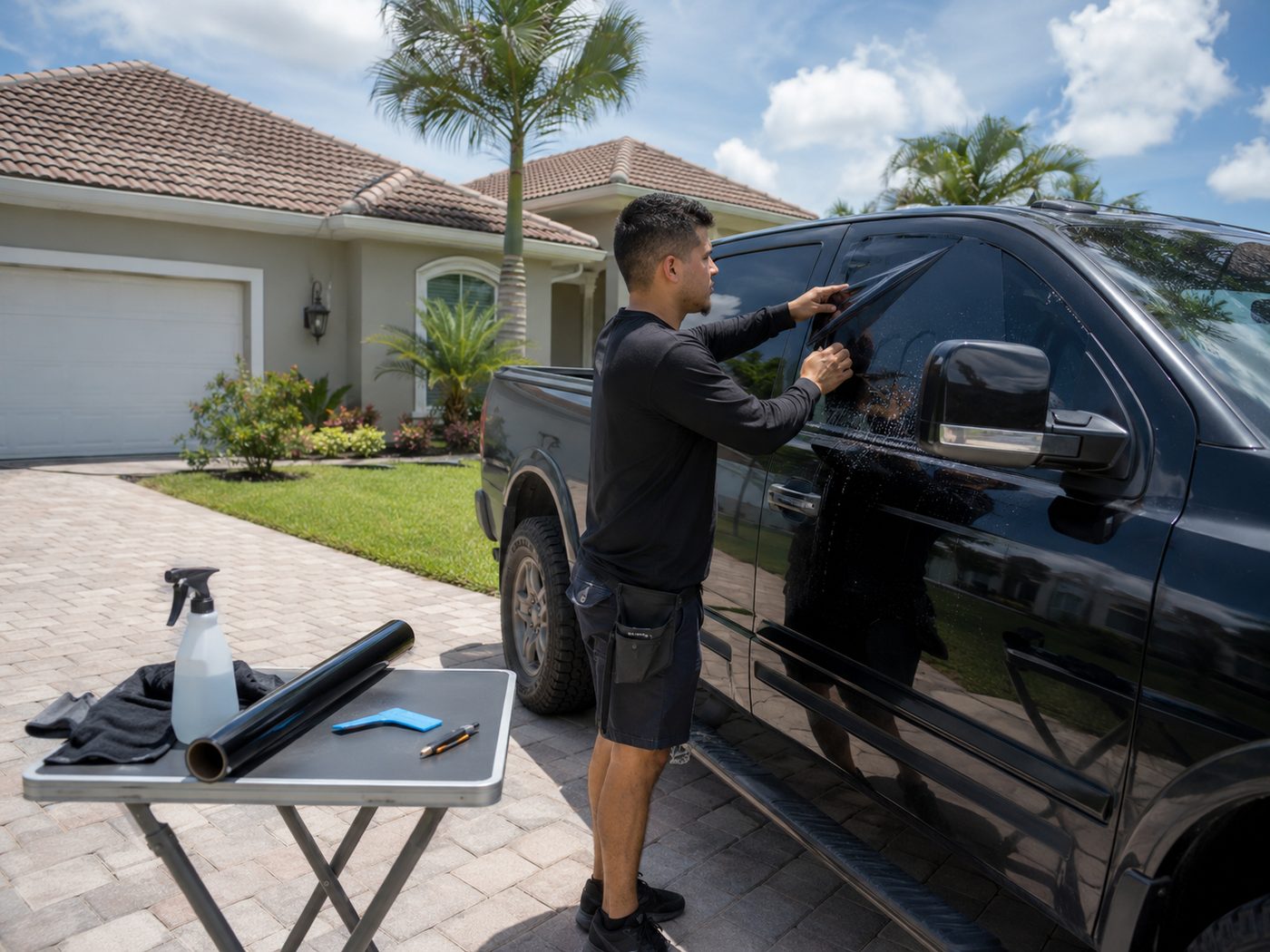Mobile window tinting technician applying tint film to an SUV in a residential driveway in Ocala, FL