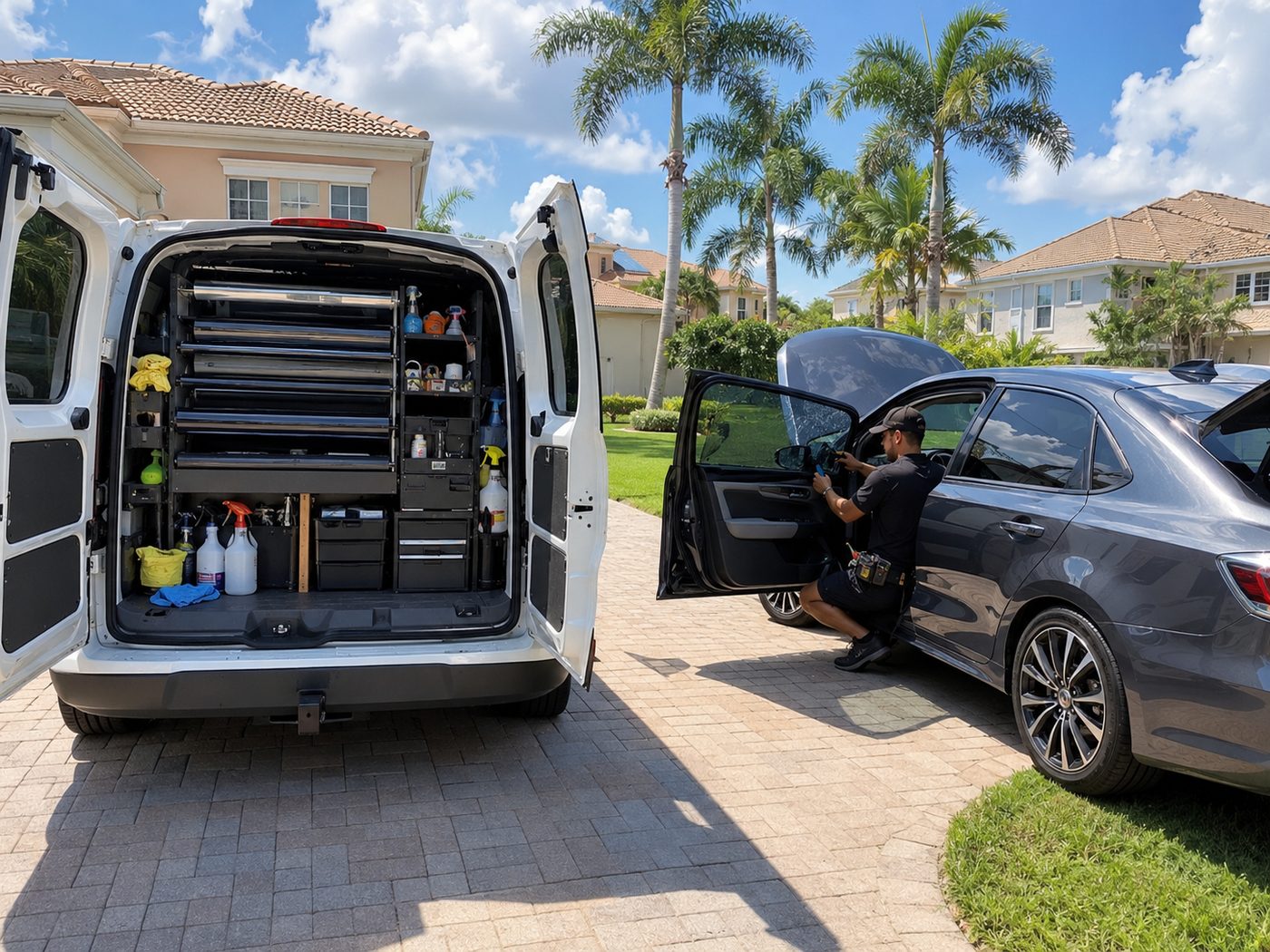 Fully stocked mobile window tinting service van with technician working on a sedan in a driveway