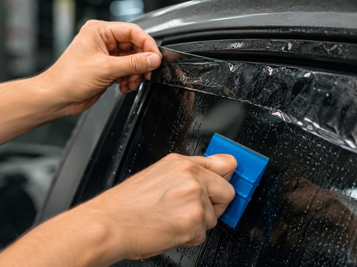 Close-up of a squeegee smoothing window tint film onto glass